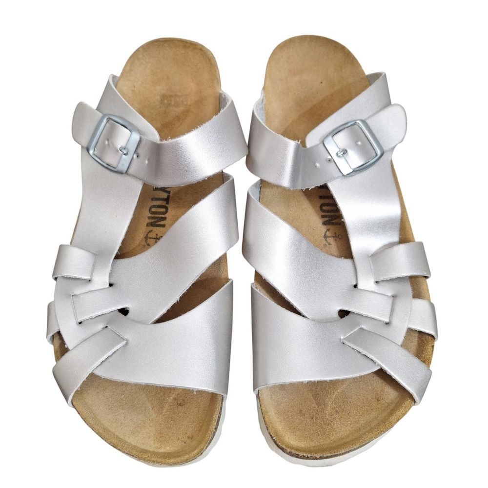 Bayton Women's Metallic Silver Strappy Cork Footbed Slide Sandals Size 41 US 10